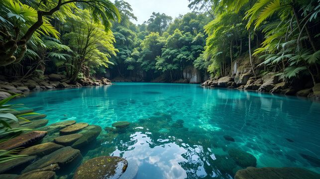 Emerald Pool (Sra Morakot) in Krabi province, Thailand. Beautiful nature scene of crystal clear blue water in tropical rainforest.