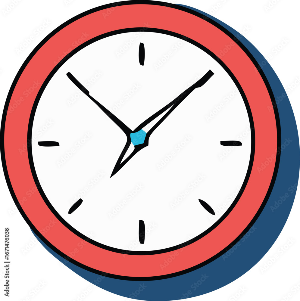 Poster simple analog clock icon with red bezel and blue shadow showing approximate time for casual use