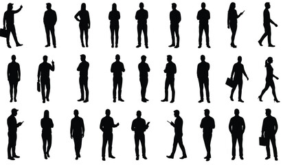Collection of diverse male and female business people silhouettes in various poses and actions isolated on transparent background