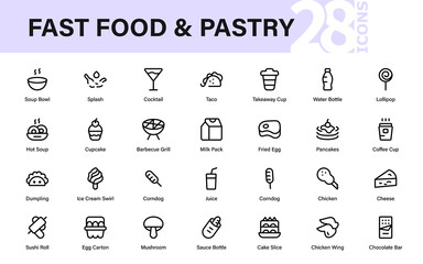 Fast Food Professional Line Icon Collection of Modern Minimal Vector Outline Symbols for Menus, Cafes, and Takeaway Service Branding