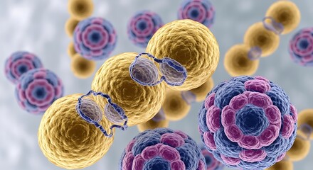 Microscopic view of cells, biological structure and interaction.