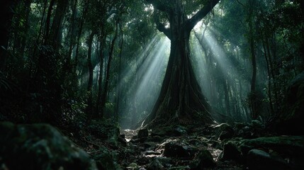Sunlight streams through dense jungle