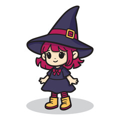 Halloween redhead little witch. Girl kid in halloween costume. Retro vintage. Isolated