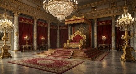Luxurious Royal Throne Room with Opulent Gold Accents and Chandeliers