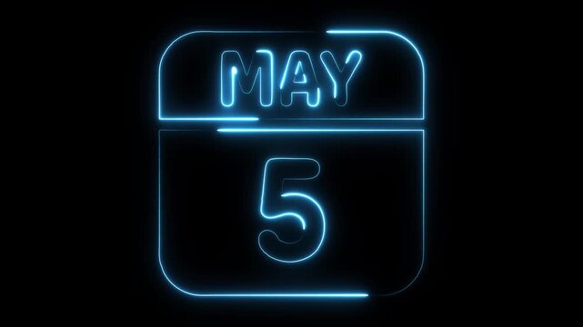 Neon blue glowing calendar date May 5th with futuristic digital display and abstract glowing lines on black