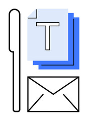 Pen, typed document stack with T, and envelope arranged to convey writing, correspondence, and office themes. Ideal for communication, organization, education, work tools business creativity