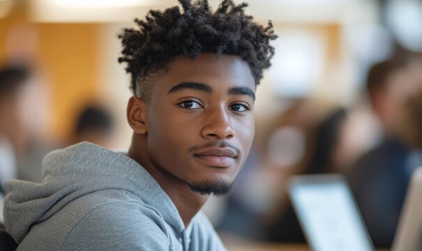 Inclusive image of a Black IT school student studying digital code, online software, and engaging with cybersecurity threats in a classroom setting, Generative AI