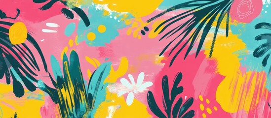 Abstract, vibrant, tropical-inspired pattern with bold colors and organic shapes