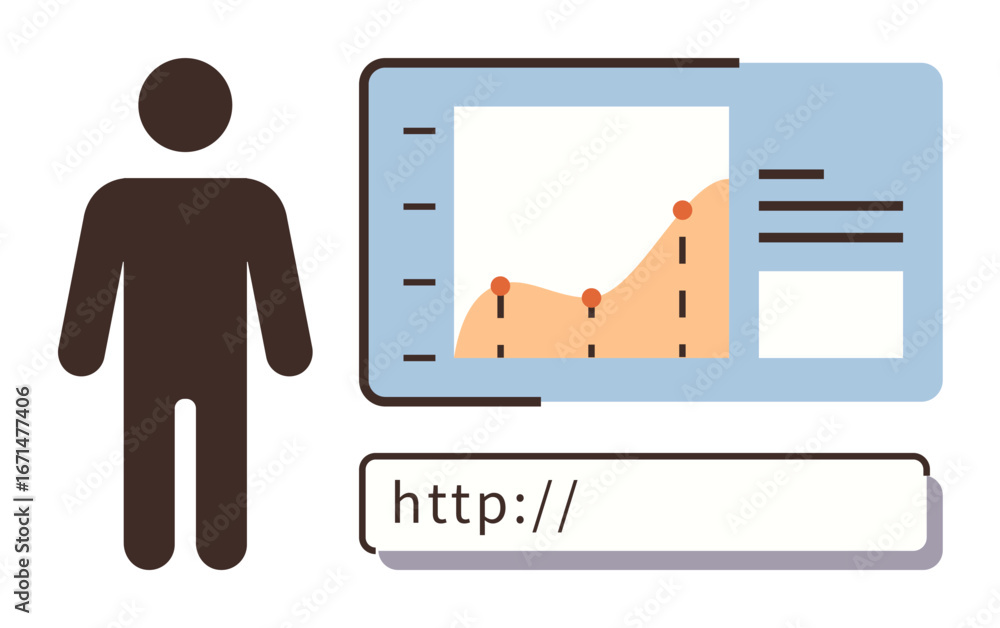 Poster human figure stands near data chart with analytics, graphs, and web url bar. ideal for analytics, re