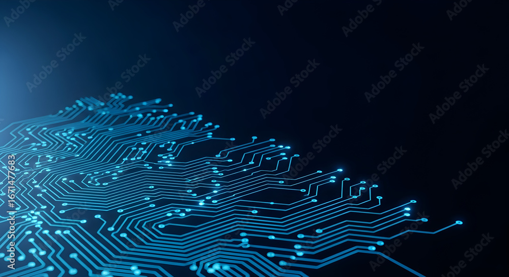 Poster circuit board abstract design intricate network of blue electronic pathways on dark background