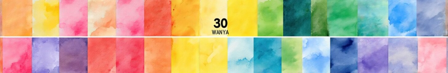 Thirty colorful, soft watercolor swatches
