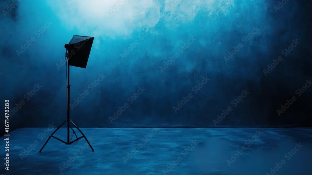 Poster studio lighting setup with blue gradient background in empty space for creative photography projects