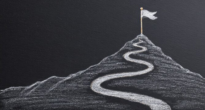 Chalk drawing of winding path to mountain peak with flag