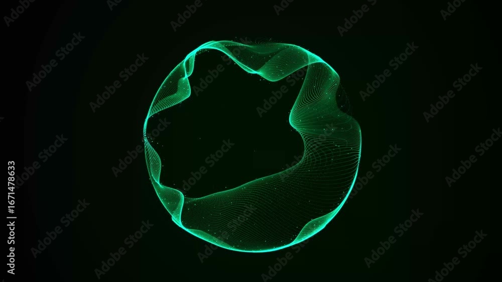 Poster spherical green shiny equalizer for music. round sound wave of particles. musical abstract motion ba