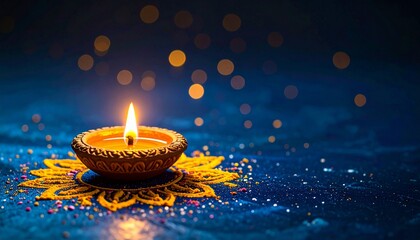 A lit diya lamp sits on a yellow floral design against a dark blue background with bokeh lights, symbolizing Diwali.