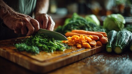 Close-up of hands chopping vegetables on a wooden board