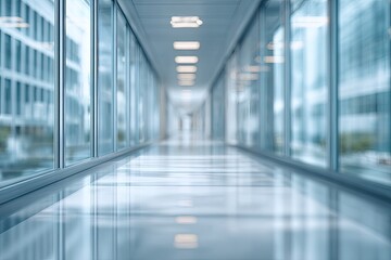 Modern, empty office hallway with glass walls and city views