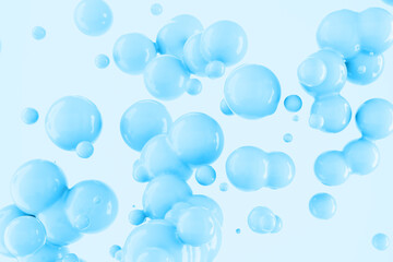Abstract light blue foam bubbles. Bright shiny spheres symbolizing purity, softness, and freshness. Ideal for cosmetic, spa, bath, and clean beauty concepts.
