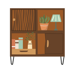 Fototapeta premium Flat Style Detailed Wooden Shelves With Books and Plant Illustration