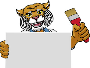 A wildcat painter decorator handyman cartoon construction man mascot character holding a paint brush tool