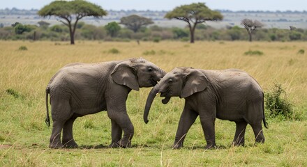 Fototapeta premium Two baby elephants interact