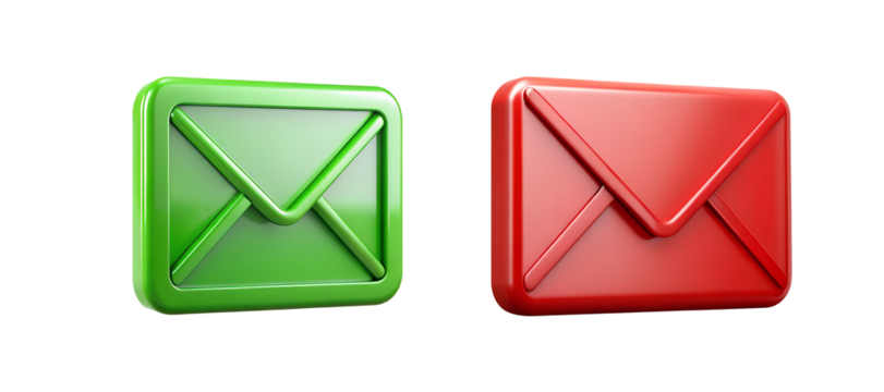 Green and Red Email Icons 3D Render on Transparent Background