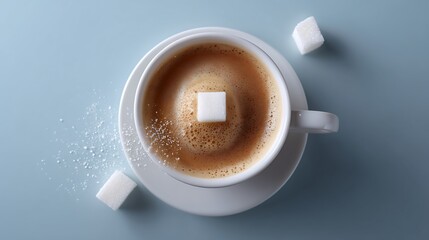 top view of sugar cube falling into the coffee cup 