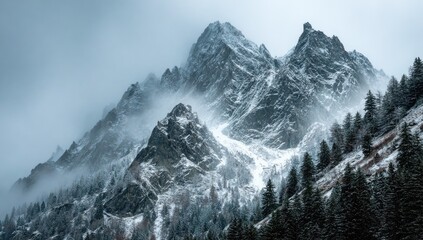 Obraz premium Misty mountain peaks, snow-capped and rugged, shrouded in a light fog. Forests cling to the slopes below