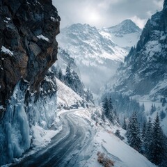 awe inspiring icy mountain road in snowy wilderness