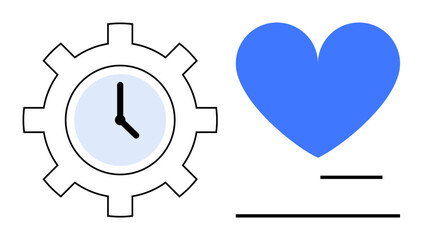 Gear with a clock symbolizing time management and efficiency paired with a blue heart for compassion and care. Ideal for healthcare, wellness, productivity, self-care, balance, teamwork