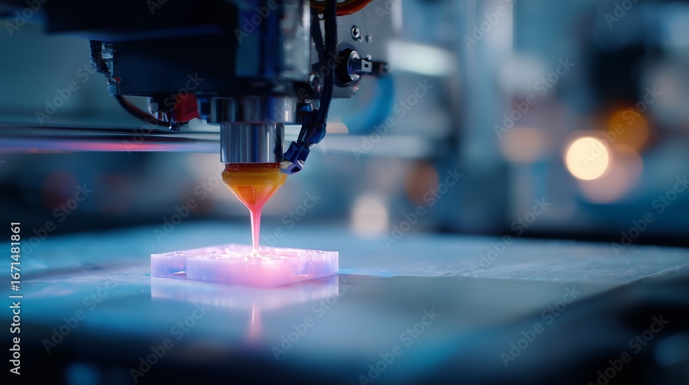 Poster advanced 3d printing technology creating intricate designs in a modern workshop setting