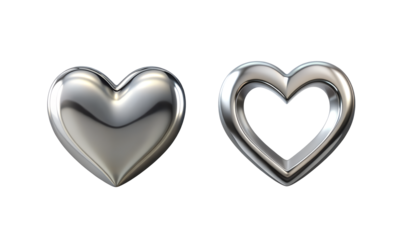 Two Silver Heart Shapes Solid and Outline on Transparent Background