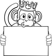 A monkey king cute happy cartoon character animal wearing a crown and holding a blank sign with copy-space