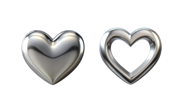 Two Silver Heart Shapes Solid and Outline on Transparent Background