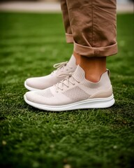 Close up of legs in pants and pink sneakers with white soles on green grass