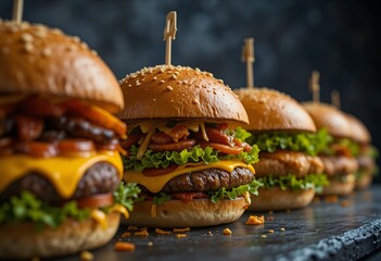 Burger on dark background. hamburger. Yummy fast food concept. Fresh homemade grilled burger with meat patty. Juicy burger.  Variant of burgers. Burgers in line. 