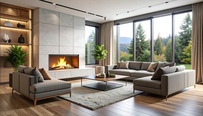 Fototapeta premium Modern living room with fireplace, large windows showcasing a forest view, and neutral-toned furniture