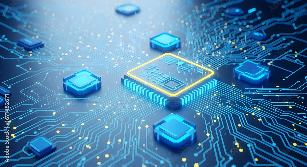 Poster abstract depiction of a microchip processor illuminated with vibrant blue light intricate circuitry 