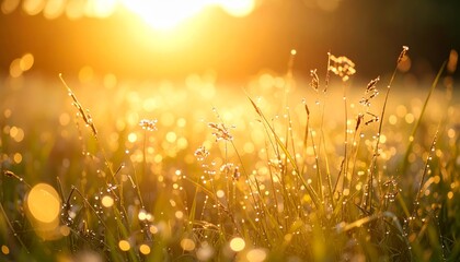 Green blades of grass glisten with morning dew as the sun rises over a lush summer meadow