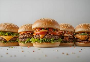 Burger on dark background. hamburger. Yummy fast food concept. Fresh homemade grilled burger with meat patty. Juicy burger.  Variant of burgers. Burgers in line. 