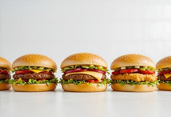 Burger on dark background. hamburger. Yummy fast food concept. Fresh homemade grilled burger with meat patty. Juicy burger.  Variant of burgers. Burgers in line. 
