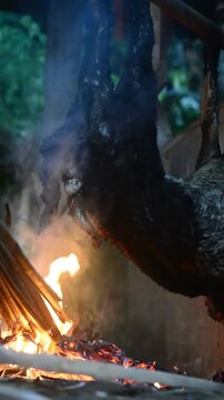 Traditional goat singeing process to remove fur before meat preparation. Rural livestock handling activity using fire technique in an outdoor environment, showcasing authentic farming practices, anima