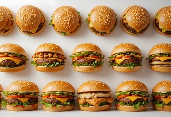 Burger on white background. hamburger. Yummy fast food concept. Fresh homemade grilled burger with meat patty. Juicy burger.  Variant of burgers. Burgers in line. 