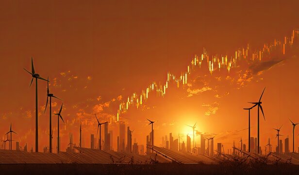 Wind turbines and solar panels in a cityscape at sunset with rising stock market indicators