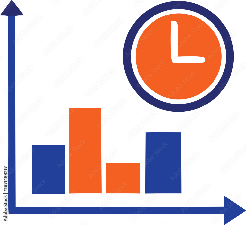 Poster visualizing business growth over time bar chart and clock icon representing success and timeliness i
