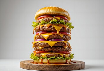 Burger on white background. hamburger. Yummy fast food concept. Fresh homemade grilled burger with meat patty. Juicy burger.  Burger tower. Hamburger tower. Giant burger. Big burger.
