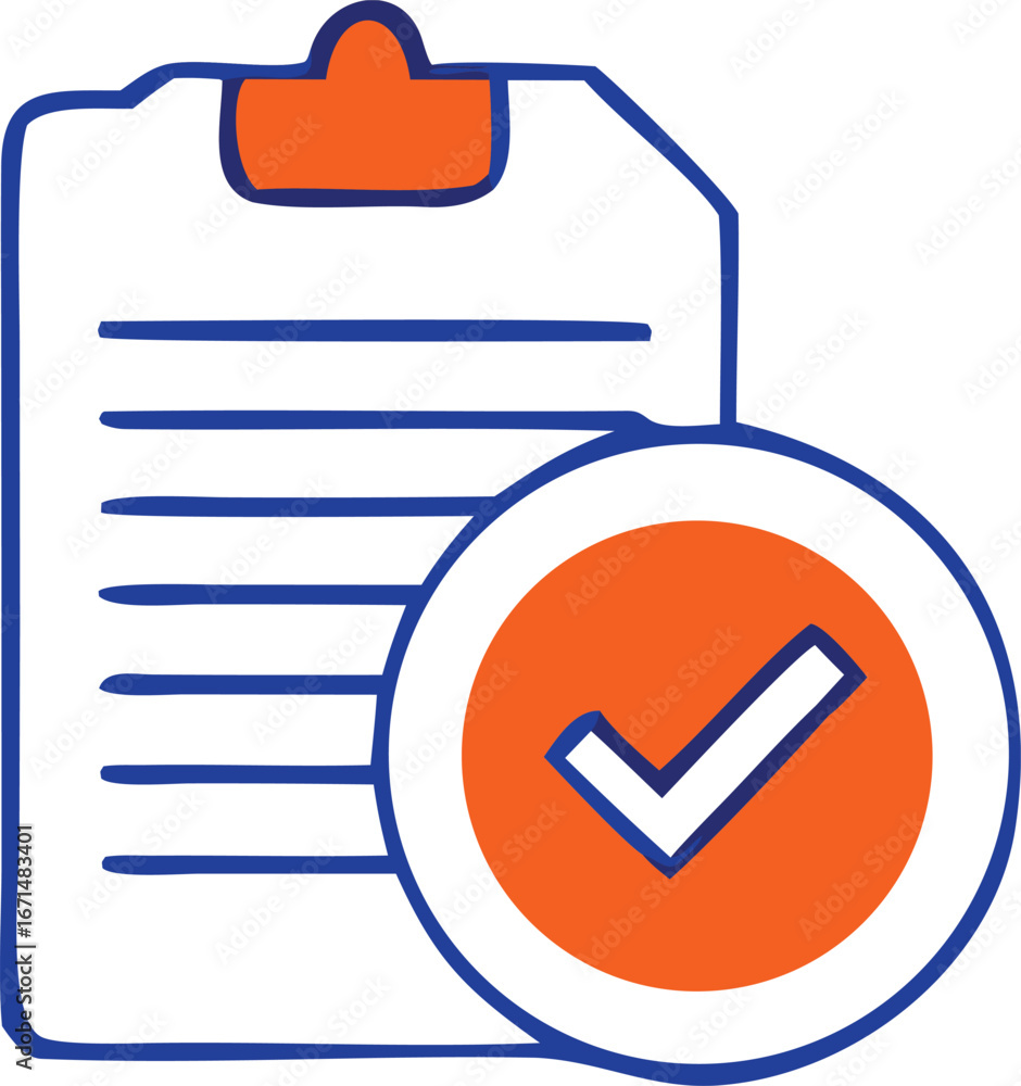 Poster checklist icon with a large orange checkmark symbol and lined document representing tasks completed 
