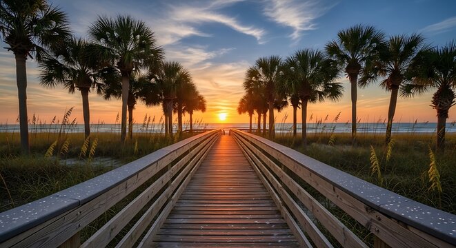 Sunrise Beach Walkway Palm Trees.
