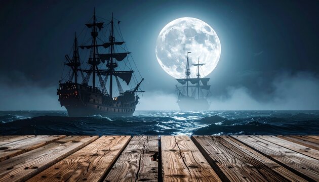 Two sailing ships navigate a dark, choppy sea under the light of a large, bright full moon, viewed from a wooden deck.