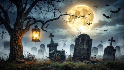 Spooky graveyard scene with tombstones under a full moon, bats flying, and a lantern hanging from a gnarled tree.
